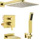 Gold Shower System with Tub Spout, All Metal Bathtub Shower Faucet Set with High Pressure 10 Inch Rain Shower Head and Handheld Shower Head Set, Brushed Gold (Valve Include)