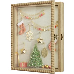 Love-KANKEI Shadow Box Frame 11x14, Deep Large Shadow Box Display Case with Unique Beads Door and Glass Window, Wood Memory Box for Pictures,Medals,Memorabilia,Collections Natural