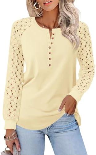 TICTICMISS Women's Lace Long Sleeve Shirts Henley Crewneck Tops Business Casual Fall Blouses Size 2XL