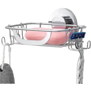 Soap Dish Soap Bar Holder Suction Cup with 4 Hooks, Stainless Steel Soap Saver Tray for Shower Wall, Bathroom, Kitchen, Rustproof No Drilling Bar Soap Holder, Silver