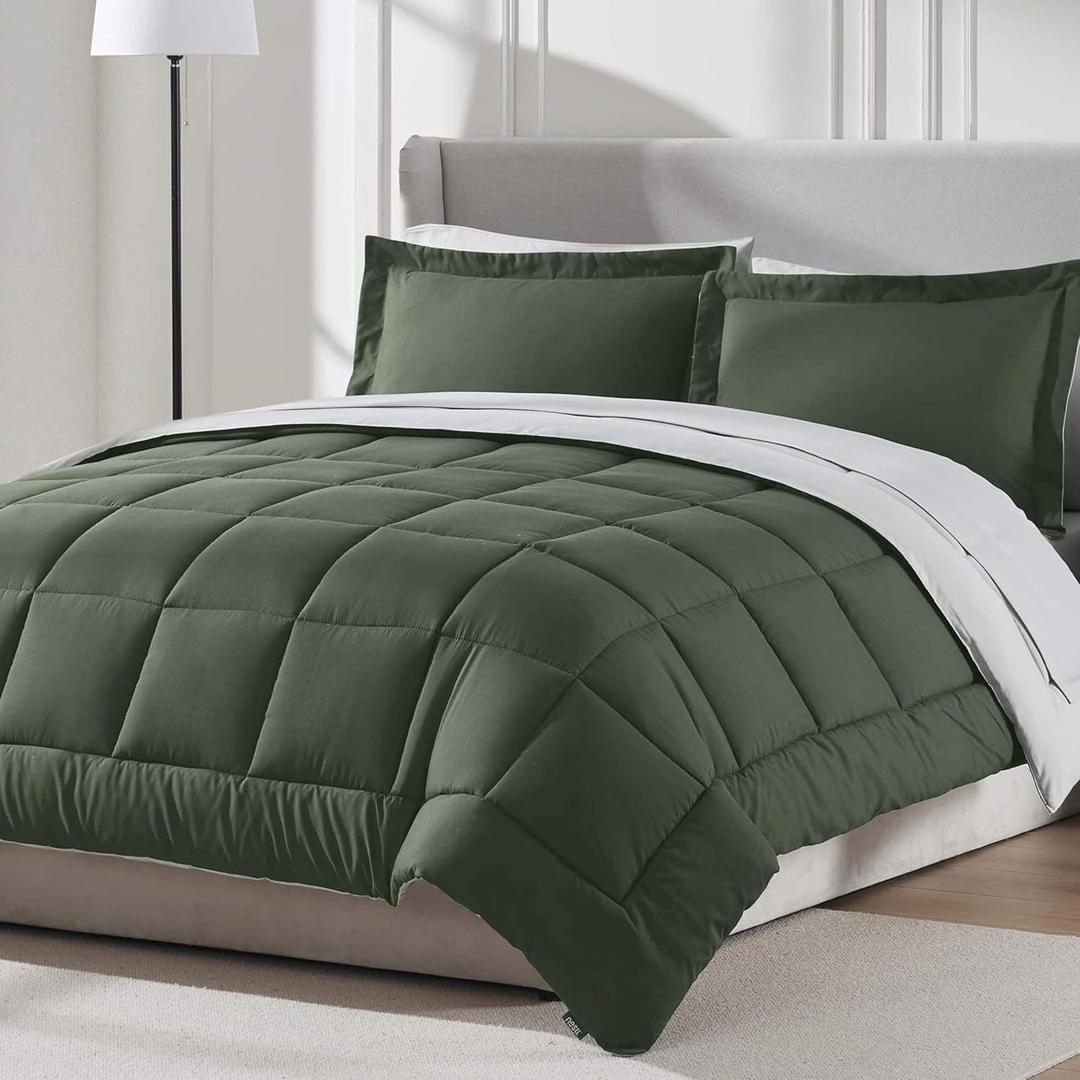 Nestl 7 Piece King Comforter Set – Olive Green Reversible Bed in a Bag – Complete King Size Bedding Set with Sheets, Pillowcases and Shams