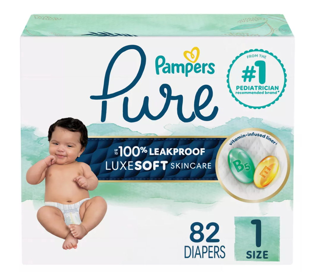Pampers Pure Protection Baby Diapers, Size 1 (814 lbs), 82 Count, Up to 100% Leakproof, Premium Plantbased Skin Protection, Hypoallergenic Soft Diapers