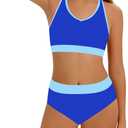 Girls Swimsuit Color-Block High Waist Sporty Sets Girls Two Piece Bathing Suit with Chest Pad Swimwear 11-12Y