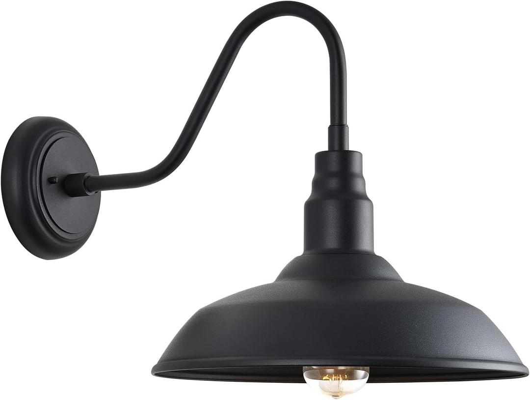 14 Inch Outdoor Gooseneck Light Fixture for Porch, Large Exterior Barn Light with Wall Mount, Black Industrial Farmhouse Side Door Gooseneck Lighting for Garage, Deck, 14" Dome