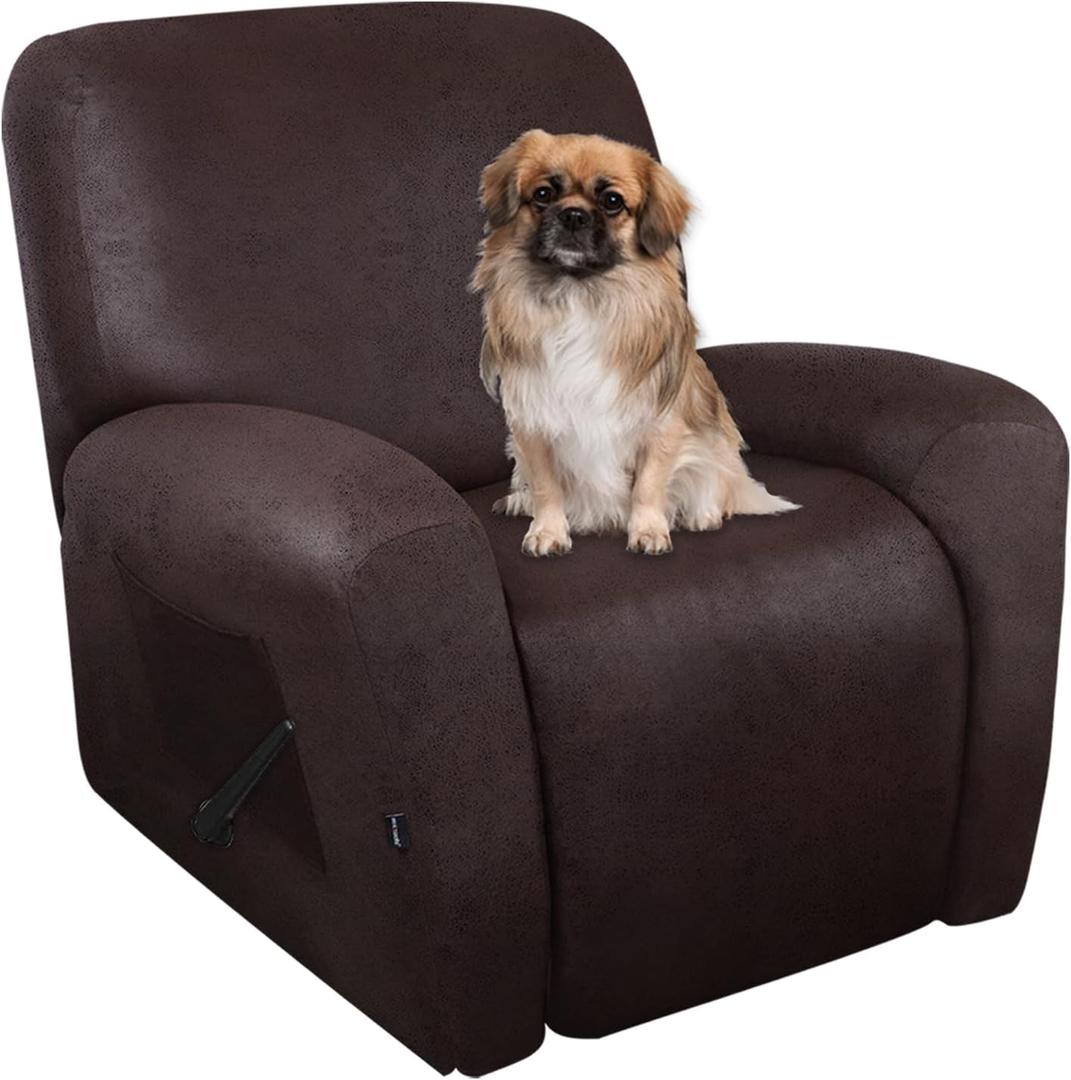 Leather Look Recliner Chair Covers Stay in Place 4-Piece Lazy Boy Recliner Slipcovers for Reclining Chair Furniture Protector Spandex Fabric Washable (X-Large, Chocolate) 