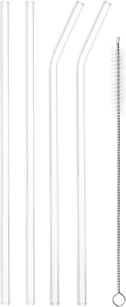 uxcell Reusable Straws Glass Straw, 4pcs 200x6.2mm Travel Tumbler Replacement Straw with One Cleaning Brush for Frozen Bubble Tea Drinks