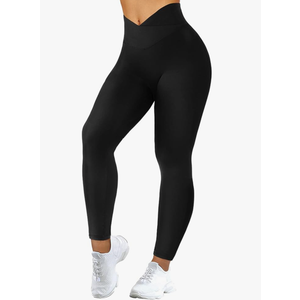 MOOSLOVER Women V Cross Waist Butt Lifting Leggings with Pockets High Waisted Yoga Pants( XL, Black)