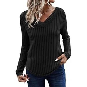 Tankaneo Womens Lace V Neck Tunic Tops Long Sleeve Ribbed Knit Shirts Fall Casual Basic Tees M