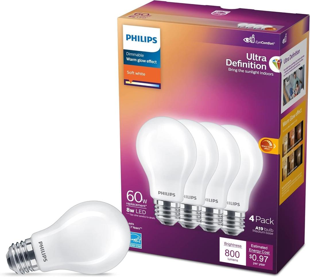 PHILIPS LED 60W A19 4-Pack Ultra Definition Soft White (2700K) 800 Lumen (8W = 60W) Dimmable Clear Flicker-Free Light Bulbs PHILIPS LED 60W A19 4-Pack Ultra Definition Soft White (2700K) 800 Lumen (8W = 60W) Dimmable Clear Flicker-Free Light Bulbs
