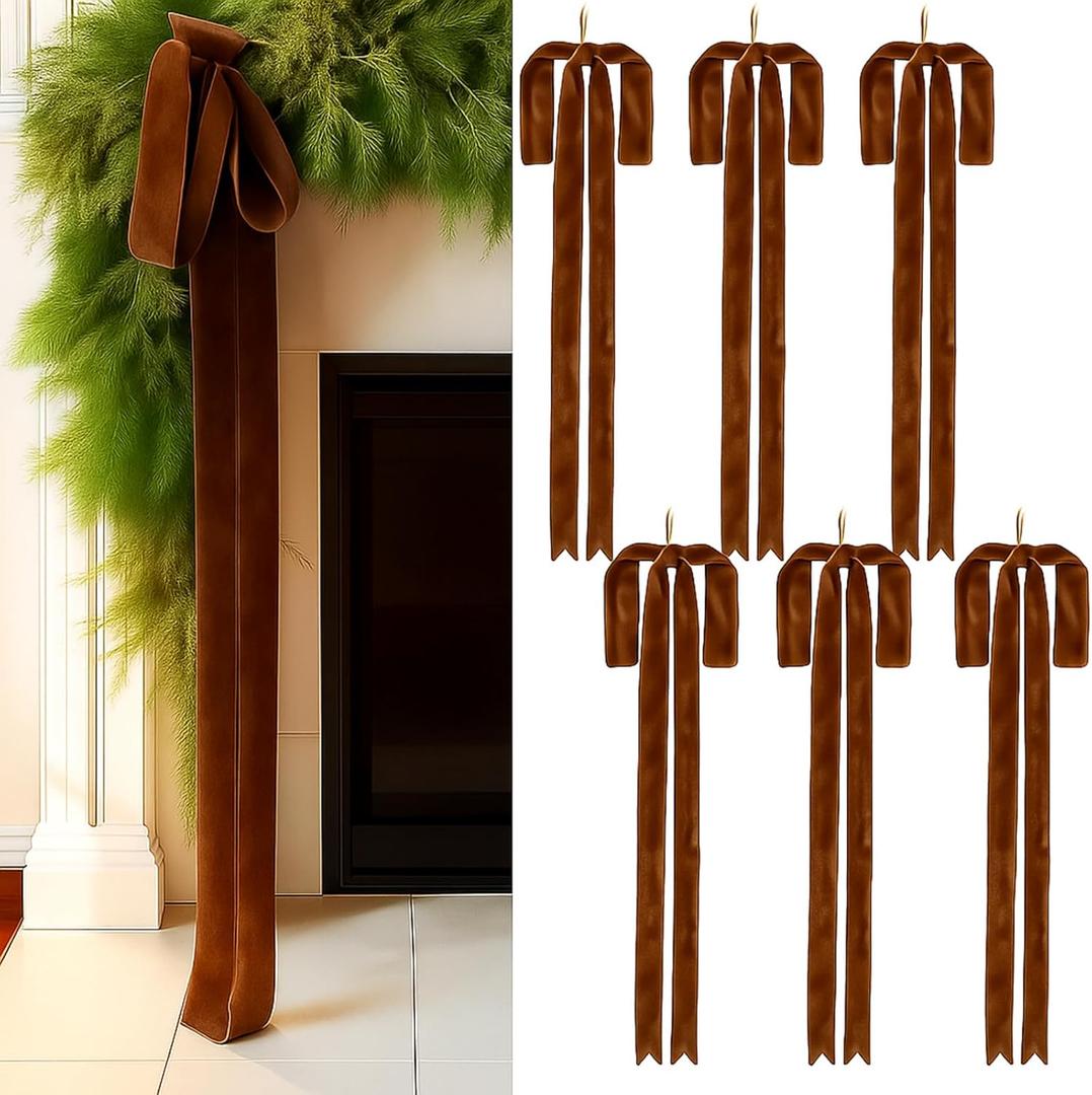 Janinka 6 Pcs Light Brown Velvet Christmas Swag Bow 31.5 x 23.6 inch Large Neutral Christmas Ornament Vintage Rustic Velvet Staircase Wreath Bows Xmas Tree Topper Bows Large Bow for Outdoor