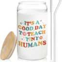 2 x Teacher Glass Cup with Lids and Straws 14oz, Back to School Teacher Gifts, Kindergarten Teachers Appreciation Gifts Glass Iced Coffee Tumbler Drinking Jars with Cleaning Brush