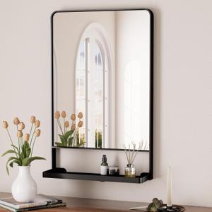 Keonjinn 18x28 Inch Black Bathroom Mirror with Shelf, Rectangle Metal Bathroom Vanity Mirror with Storage, Black Rounded Corner Wall Mounted Bathroom Mirrors for Over Sink Bedroom Entryway