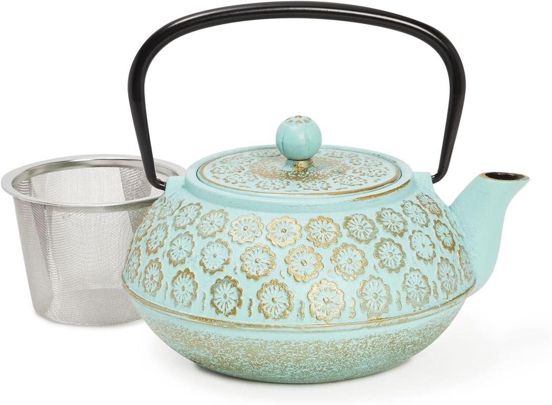 Juvale Teal Floral Cast Iron Teapot Kettle with Stainless Steel Loose Leaf Infuser (34 oz)