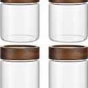12 oz/350 ml Clear Glass Storage Canister with Airtight Wooden Lid, Small Overnight Oats Containers, Cute Decorative Salad Jar for Snacks Yogurt Spice Sugar Cereal Fruit Coffee Tea -4 Pack