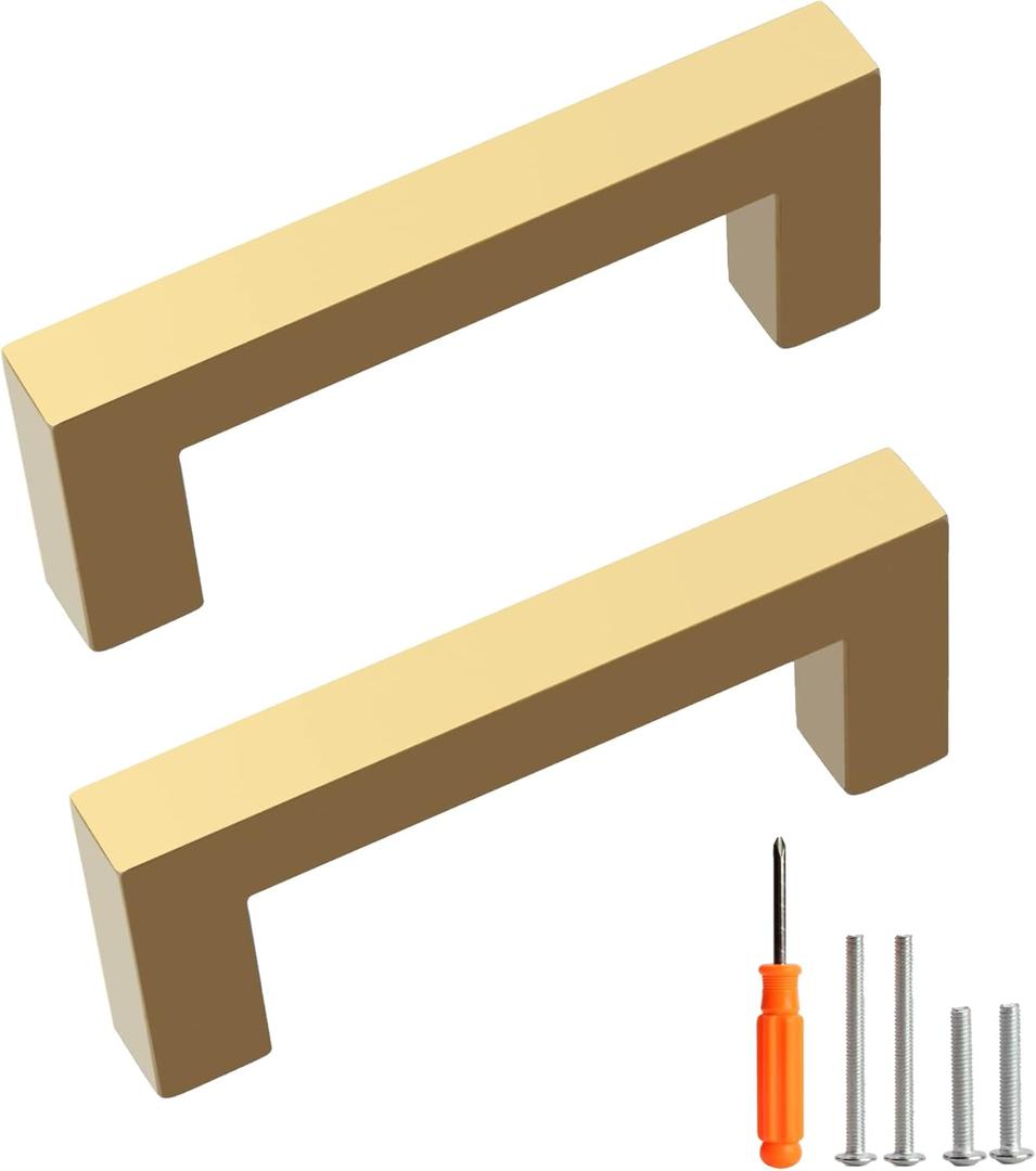 Cabinet Pulls Gold Cabinet Handles Square Drawer Pulls, 10 Pack 3 Inch Stainless Steel Kitchen Door Cupboard Cabinet Handles, Drawer Hardware Handles, 76mm Hole Centers