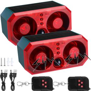 Qualirey 2 Pcs Solar Outdoor Motion Sensor Alarm Motion Sensor Animal Deterrent Dog Barking Alarm 13 Sound 130db Loud Noise Maker 4 Mode with USB Remote Control Support Recording Volume Adjustment