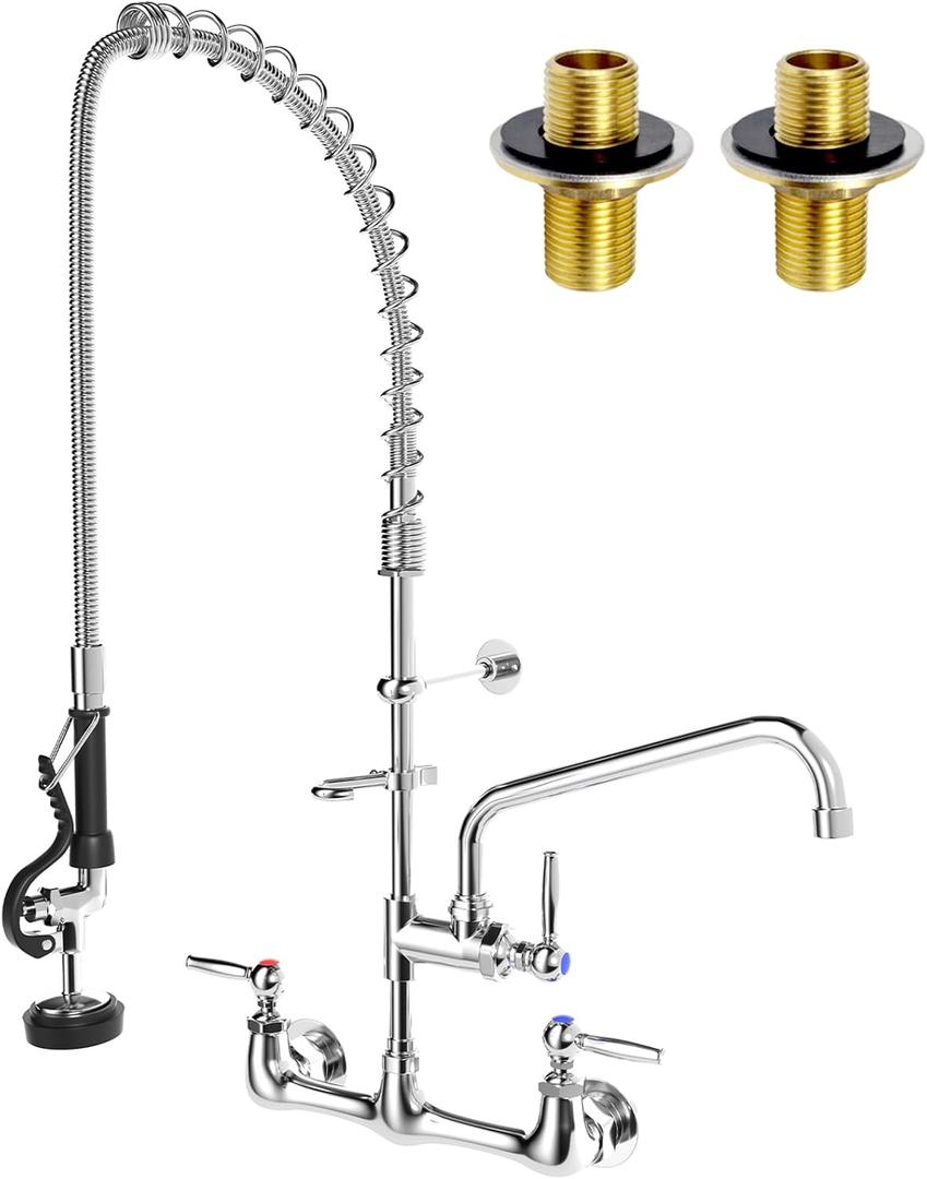 Commercial Faucet with Sprayer, 36" Height Commercial Kitchen Faucet Wall Mount, Pre Rinse Sprayer for Restaurant, 3 Compartment Sink, Utility Sink, Industrial, Chrome