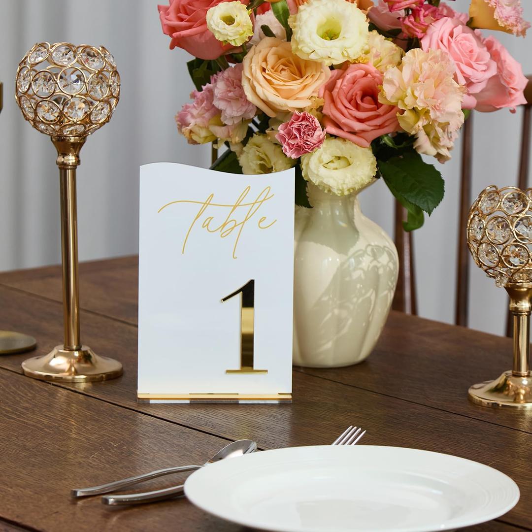 Gold Mirrored Acrylic Wedding Table Numbers 1-10 Set, Self-Standing Modern Arched Signs for Reception Seating, Anniversary & Bridal Shower, Elegant Wedding Decor (5x7 Inches)