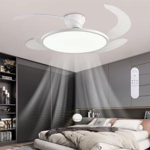 48'' Retractable Ceiling Fan, Full Spectrum Low Profile Ceiling Fan with Light and Remote, Modern White Fan for Dining Room, Living Room, Bedroom, Retractable Blades, Dimmable, Timer Setting