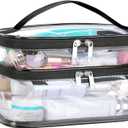 HAOGUAGUA Double Layer Clear Cosmetic Bag Makeup Bag, Waterproof Travel Toiletry Bag, Transparent PVC Pouch Organizer (Black-large)