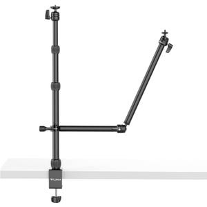 jusmo Camera Desk Mount Table Stand with 2 Auxiliary Holding Arm and Ball Head, 16.1"-33.8" Adjustable Light Stand for DSLR Camera, Ring Light, Live Streaming, Photo Video Overhead Shooting