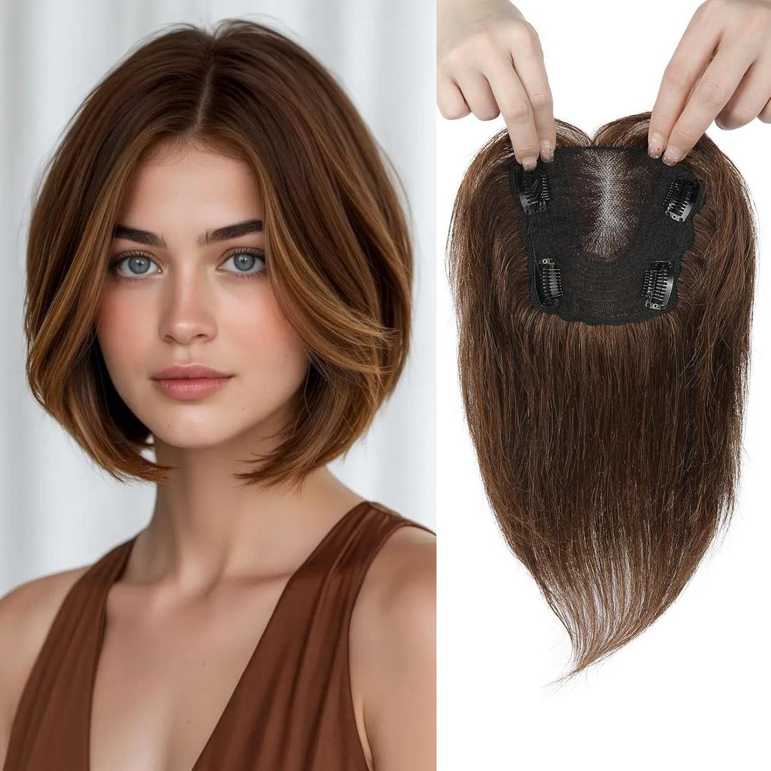 REECHO 10" Real Human Hair Topper for Women with Thinning Hair, Clip-in Crown Hairpiece for Instant Volume and Gray Root Coverage Real Hair Toppers Wiglett, Butterfly Base, Chocolate Brown