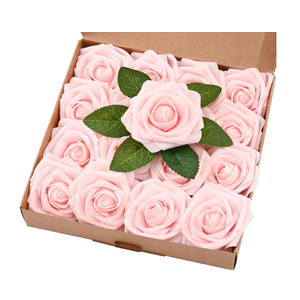 BLEUM CADE 16Pcs Artificial Flowers Fake Roses with Stems, Purple Boxed Foam Roses for DIY Bouquets Centerpieces Wedding Party Arrangement Bridal Shower Decor Pink