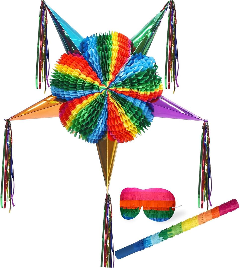 26 Inch Large Star Piñata Set with Stick Blindfold Confetti Foldable Mexican Fiesta Piñata Rainbow Honeycomb Decorations for Cinco De Mayo Birthday Party Carnival Taco Tuesday