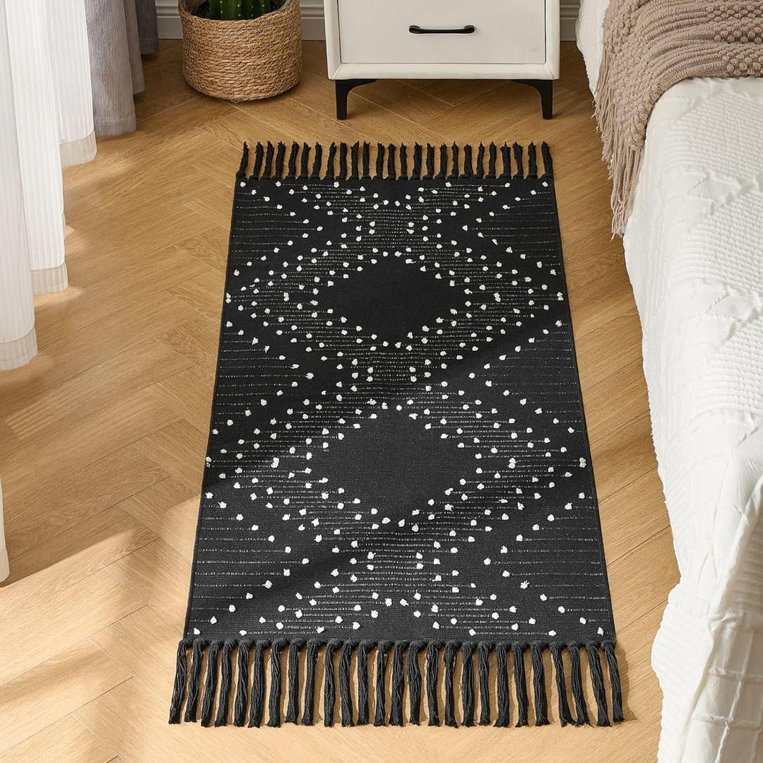 Black Runner Rug, Washable Rug for Hallway Non Slip, 2x4.3ft Boho Kitchen Bathroom Runner for Bedroom with Tassels