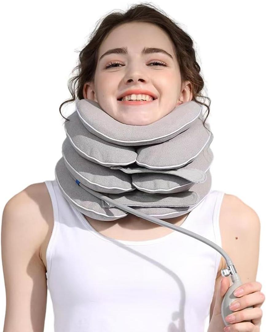 Neck Stretcher with Neck Brace, Cervical Traction Neck Device, Neck Relief Tool, Adjustable Inflatable Cervical Brace, Home Use Neck Decompression New Technology Breathable Fabric Washable&Colorfast (Gray)