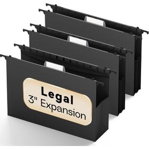 Plastic Legal Hanging File Folders Extra Capacity,3" Expanding Pocket Legal Size,Expandable Large Black Hanging Folders with Tabs,Heavy Duty Filing Cabinet Folder for Bulky Files,6 Pack