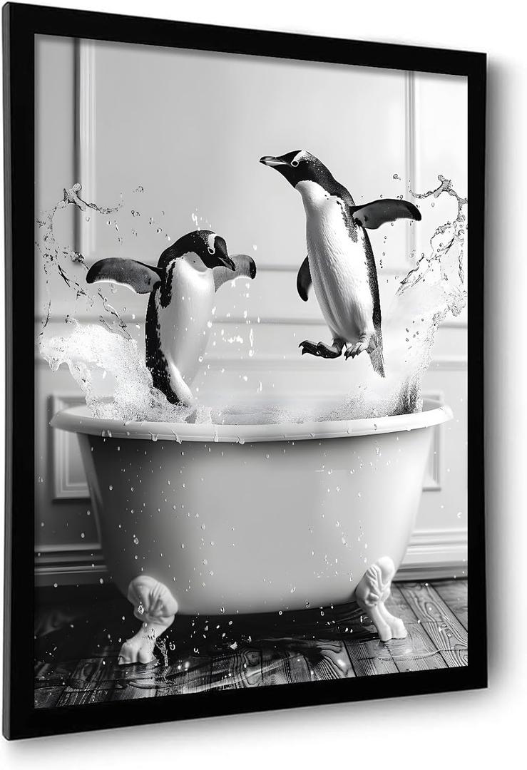 OIQArtOIQ Funny Bathroom Framed Wall Art Black and White Animal Canvas Wall Art Prints Penguin in Bathtub Pictures Wall Decor Modern Minimalist Humorous Artwork For Restroom