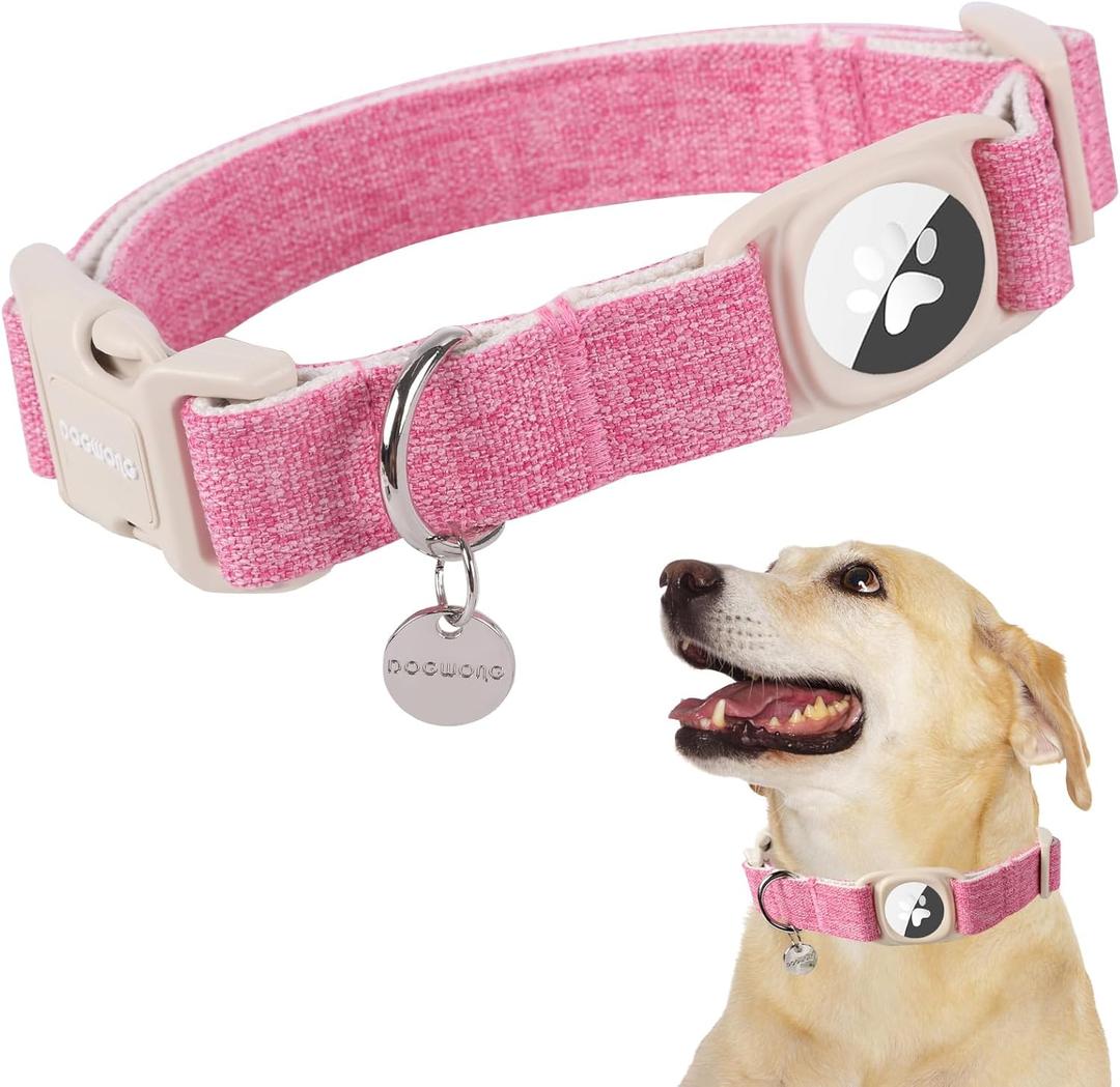 DOGWONG Airtag Cotton Hemp Dog Collar, Heavy-Duty Dog Collar with Airtag Holder Pink Natural Fabric Pet Collars for Small Medium Large Dogs