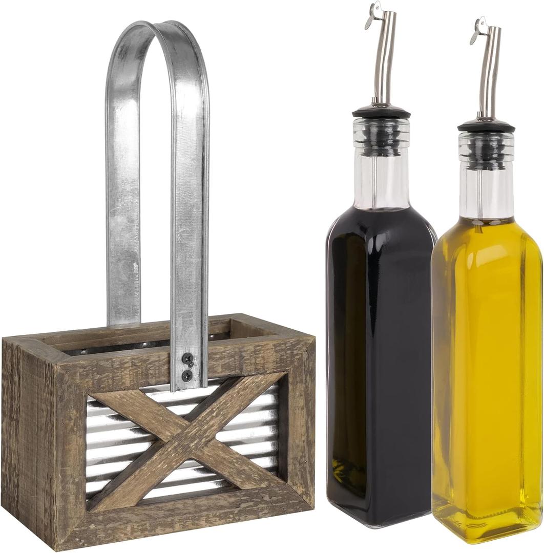 Autumn Alley Rustic Farmhouse Oil and Vinegar Dispenser Set - Oil and Vinegar Caddy Holder Set of Weathered Wood, Galvanized Metal - Adorable Rustic Kitchen Decor -250ml 8 oz