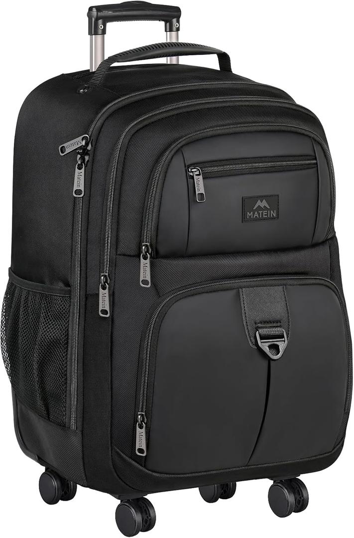 MATEIN Rolling Backpack with 4 Wheels, 17 inch Roller Travel Laptop Backpack for Women Men, Large Water Resistant Business Wheeled Bag, Airline Approved Carry on Luggage Suitcase Bag, Black