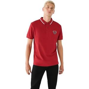True Religion Men's JV7 Tipped Polo – Short Sleeve Cut & Sew Knit Polo Shirt with Contrast Trim & Logo Size XL, Red