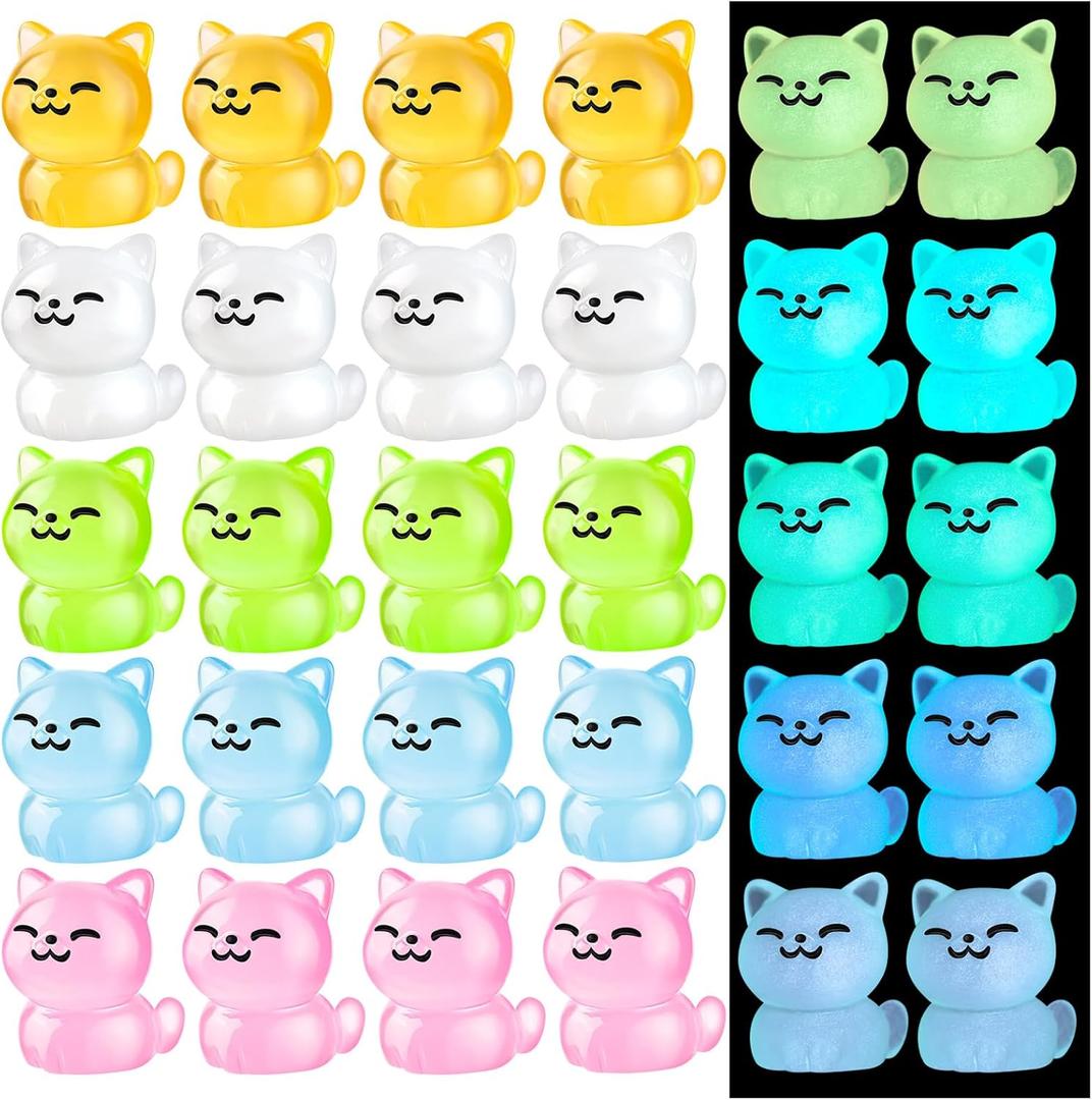 Luminous Mini Resin Cat, Miniature Cat, 20Pcs Glow in The Dark Tiny Cat Ornament for Garden Landscape Aquarium Dollhouse Birthday Party Room Crafts Decor