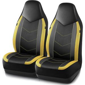 PIC AUTO Leather Car Seat Covers, Sports Carbon Fiber & Mesh Design, High-Back Two Front Set, Waterproof Automotive Seat Covers, Airbag Compatible, Universal Fit for Most Cars (Black & Yellow)