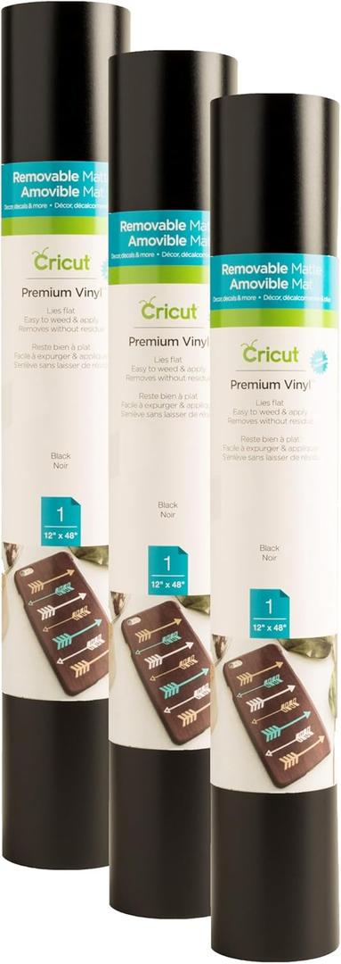 Cricut Removable Vinyl, Black | 3-Pack of 4ft Rolls (12" x 48") - Compatible with Maker & Explore Machines Cricut Removable Vinyl, Black | 3-Pack of 4ft Rolls (12" x 48") - Compatible with Maker & Explore Machines