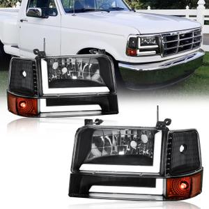 LED DRL Headlights Compatible with 1992-1996 Ford F150 F250 F350 & Ford Bronco Replacement Headlamp Amber Reflector Black Housing