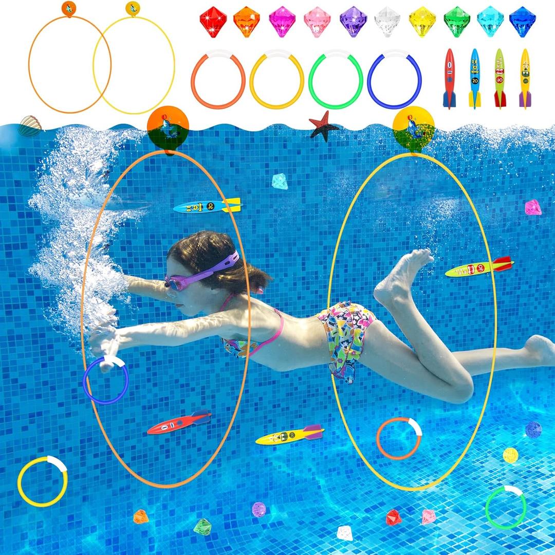 Cludoo 23PCS Pool Toys Games for Kids, No Assembly Stability Swim Thru Rings, Pool Diving Toys for 3,4,5,6,7,8,9,10,11,12 Kids Swim Rings for Kid Teens Adults Include Torpedos Diving Gems