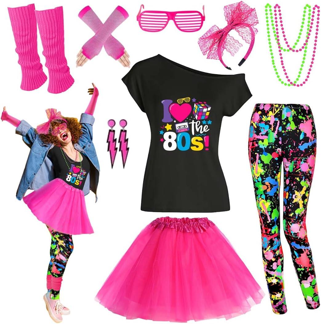 80s Outfit Women Costume Accessories Set T Shirt Shorts Tutu Skirt Neno Party Leg Warmers Headband (Large)