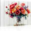 iLOOKLiKE Red Orange Flower Canvas Wall Art Floral Blooming on Wood Background Picture Prints for Girls Bedroom Kitchen Decor 16x24inch
