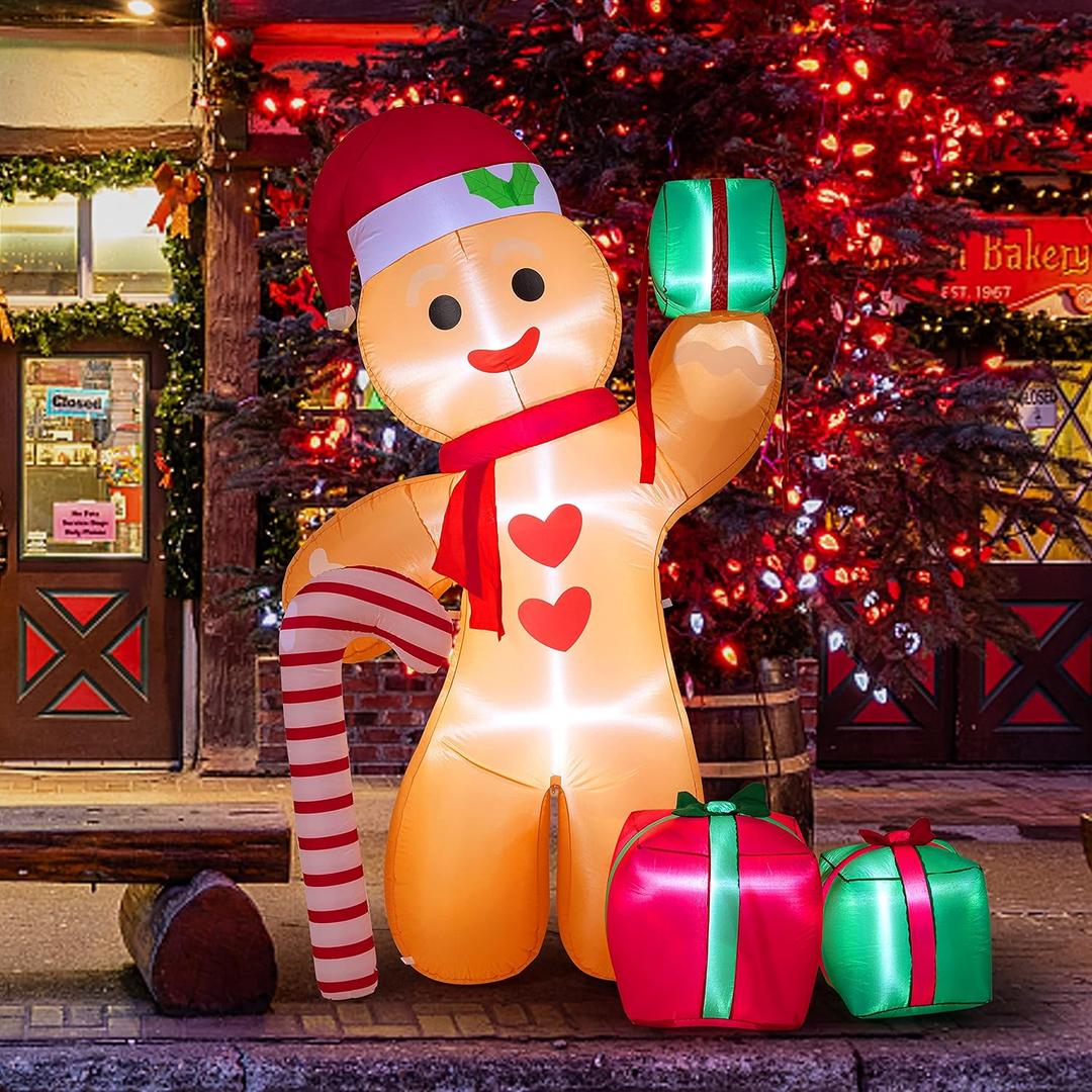 Peyton 8FT Inflatable Gingerbread Man with Candy Cane and Three Gift Boxes,LED Lighted Christmas Decoration Indoor and Outdoor