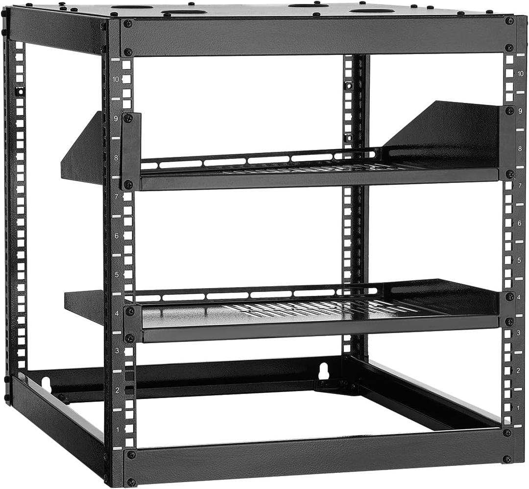 VEVOR 10U Server Rack, Open Frame Network Rack,4-Post Floor Standing or Wall Mounted, Includes 2PCS Vented 1U Rack Shelves & Mounting Hardware, Computer Wall Rack for 19" IT/AV Equipment, 10U Server Rack