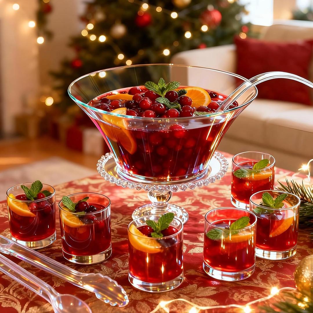 9 Pcs Large Glass Punch Bowl Set, Reusable Clear Party Bowl with Ladle, Food Tong and 6 Glasses for Drinks Salads Snacks Wedding Christmas Holiday Birthday BBQ Baby Shower Party Supplies