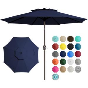 JEAREY 9 ft 2-Tiers Patio Umbrellas Outdoor Table Market Umbrella w/Push Button Tilt/Crank, 8 Sturdy Ribs, UV Protection Waterproof Sunproof(Navy Blue)