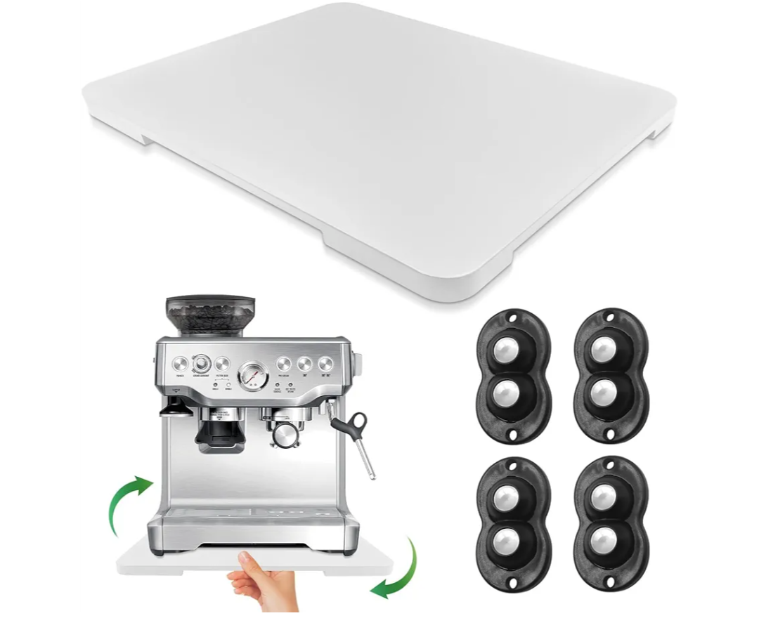 Appliance Slider 360° Rolling Tray for Coffee Maker- Bamboo Coffee Pot Slider Tray for Countertop Rotation Sliding Tray with Wheels, Appliances Mat Easily from Under The Cabinet White (15.7"×13")