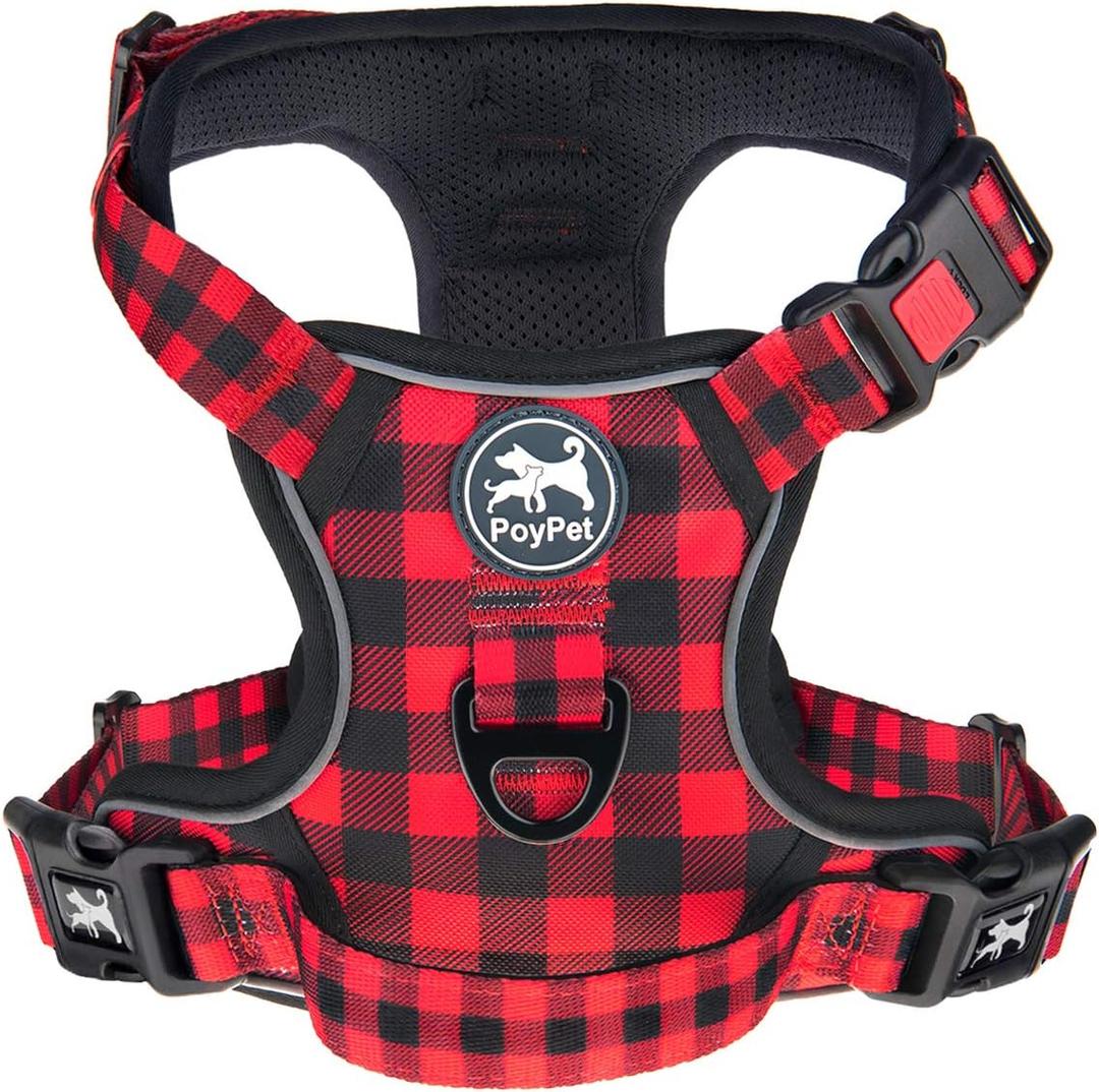 PoyPet No Pull Dog Harness, [Release at Neck] Reflective Adjustable No Choke Pet Vest with Front & Back 2 Leash Attachments, Soft Control Training Handle, Plaid(Checkered Red, L)