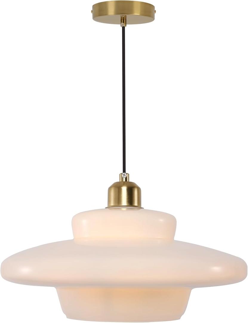 Mid Century Pendant Light Fixtures Modern Gold Brass Kitchen Island Chandelier Lamp 12.59" Shade 1-Light Milk White Glass Large Pendant Lamps for Dining Table Bedroom Hallway